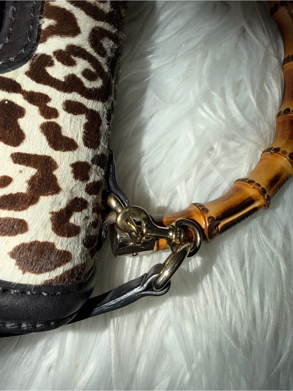 GUCCI Vintage Bamboo Leopard 2way Handbag Crossbody Bag Pony Calf Hair Gray